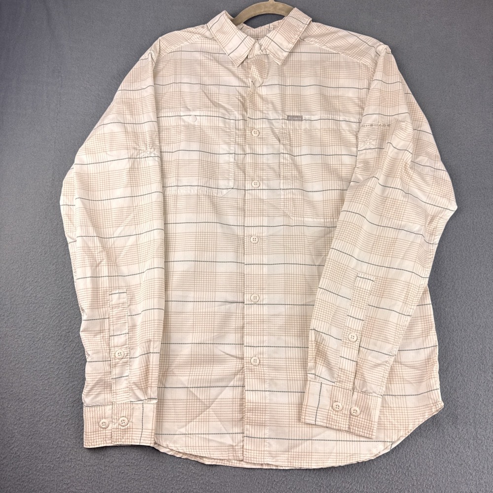 Columbia Shirt Men's S Beige Plaid Omni-Shade UPF 40 Long Sleeve Hiking Outdoor